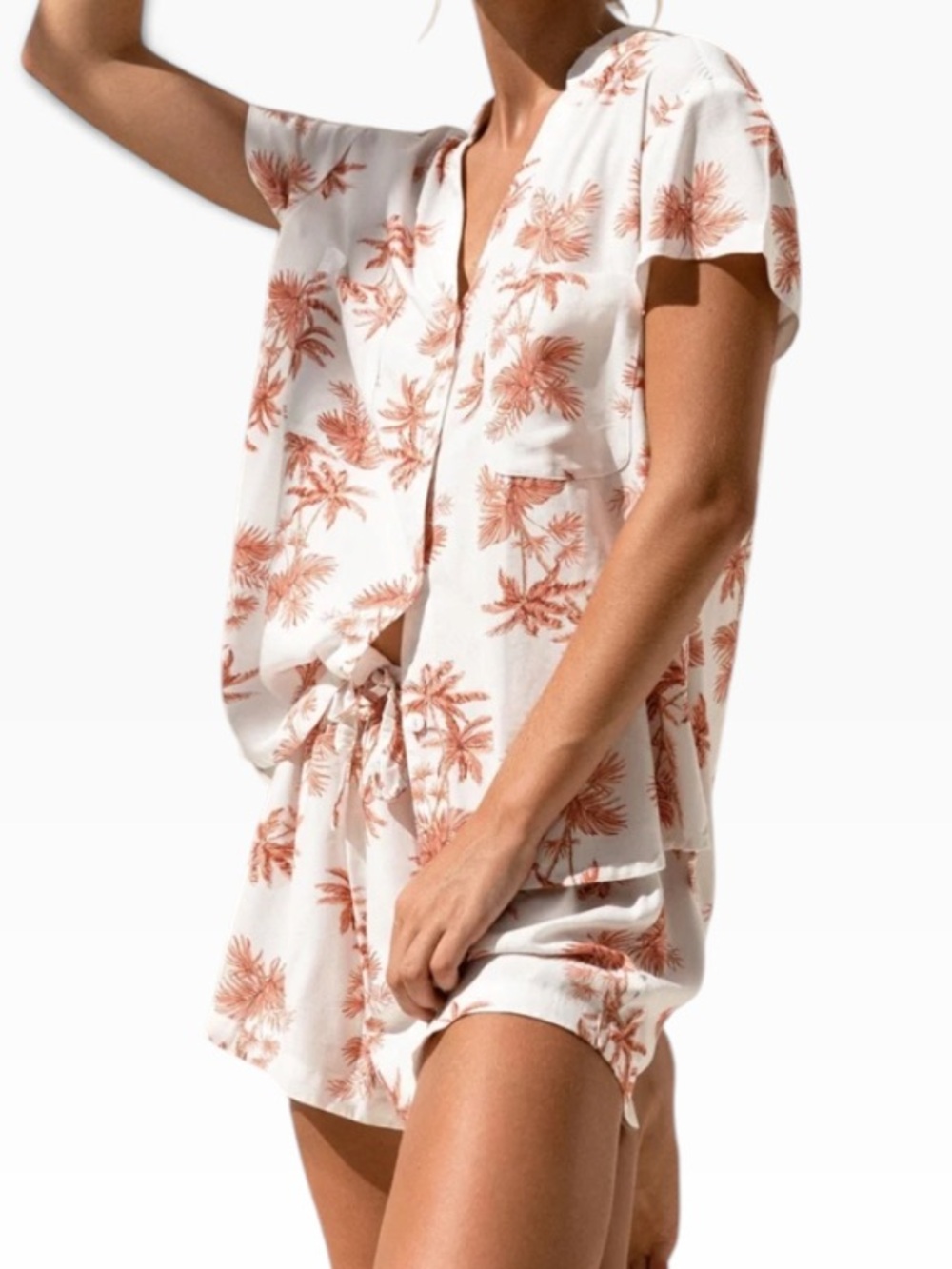 Piyama "Maggie" Short Sleeve Shortie Pajama Set In Sunset "Vintage Palm" Print